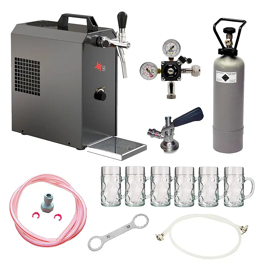 Komplett-Set-Zapfanlage-JET-30-Bierkoffer-Durchlaufkuehler-1-leitig-Trockenkuehler-bis-zu-35-Liter-h-inkl-Bierglaeser-454521-1